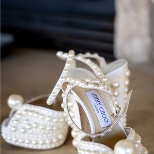 Jimmy Choo size 6 White Satin Platform Sandals with All-Over Pearl Embellishment